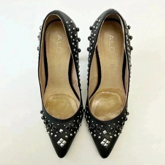 Aldo Black Leather Pumps Pointed Toe High Heel Rhinestone Studded Stilettos 7.5 - Picture 4 of 16